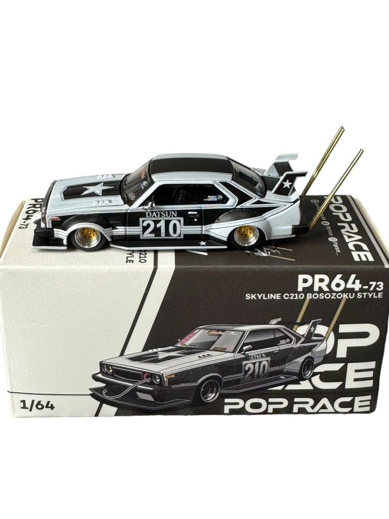 Load image into Gallery viewer, Pop Race Skyline C210 Kaido Racer Bosozoku Style BK 1:64 Scale - American Stanced
